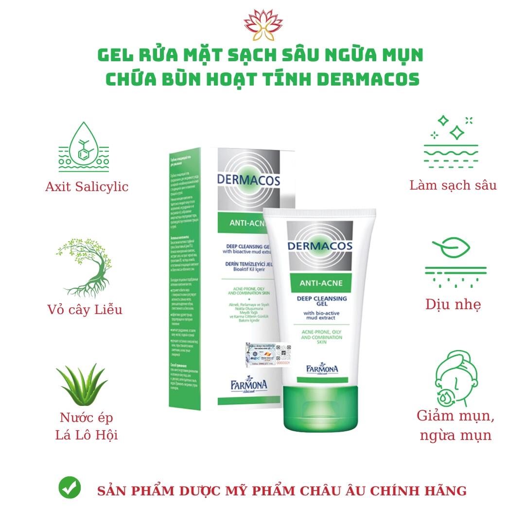 Gel rửa mặt sạch sâu ngừa mụn chứa bùn hoạt tính Dermacos