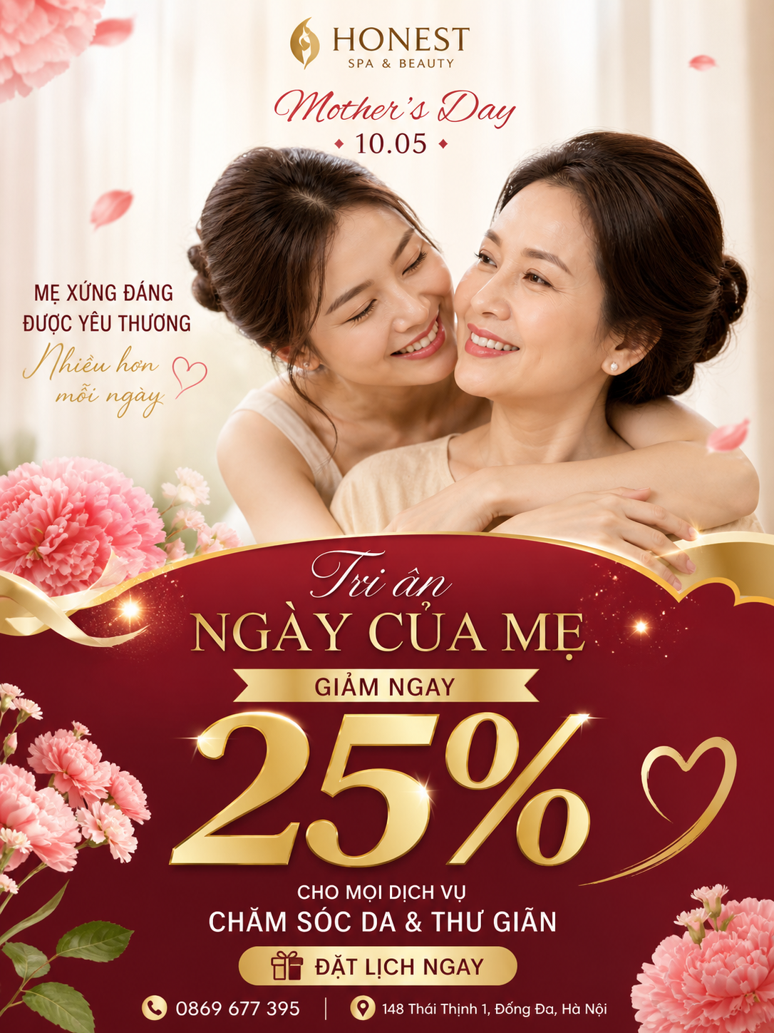 Có những yêu thương… mẹ chưa từng giữ lại cho riêng mình.  Mẹ dành hết cho gia đình, đến khi ta lớn lên… mới nhận ra mẹ đã quên mất chính mình từ bao giờ.  Ngày của Mẹ, chỉ cần một khoảng thời gian thật nhẹ thôi — để mẹ được nghỉ ngơi, được chăm sóc, được là người được yêu thương.  25% tri ân – 100% yêu thương là cách Honest thay bạn gửi đến mẹ những điều dịu dàng mà đôi khi ta chưa kịp nói. Không cần quá nhiều điều lớn lao, chỉ cần hôm nay… mẹ được chăm sóc. 🌿 
